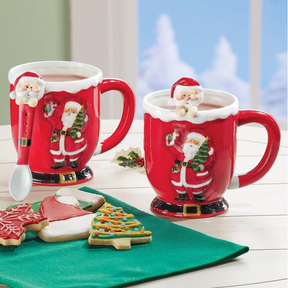 Durable Dolomite Red Santa Mugs with Integrated Spoons - 11...